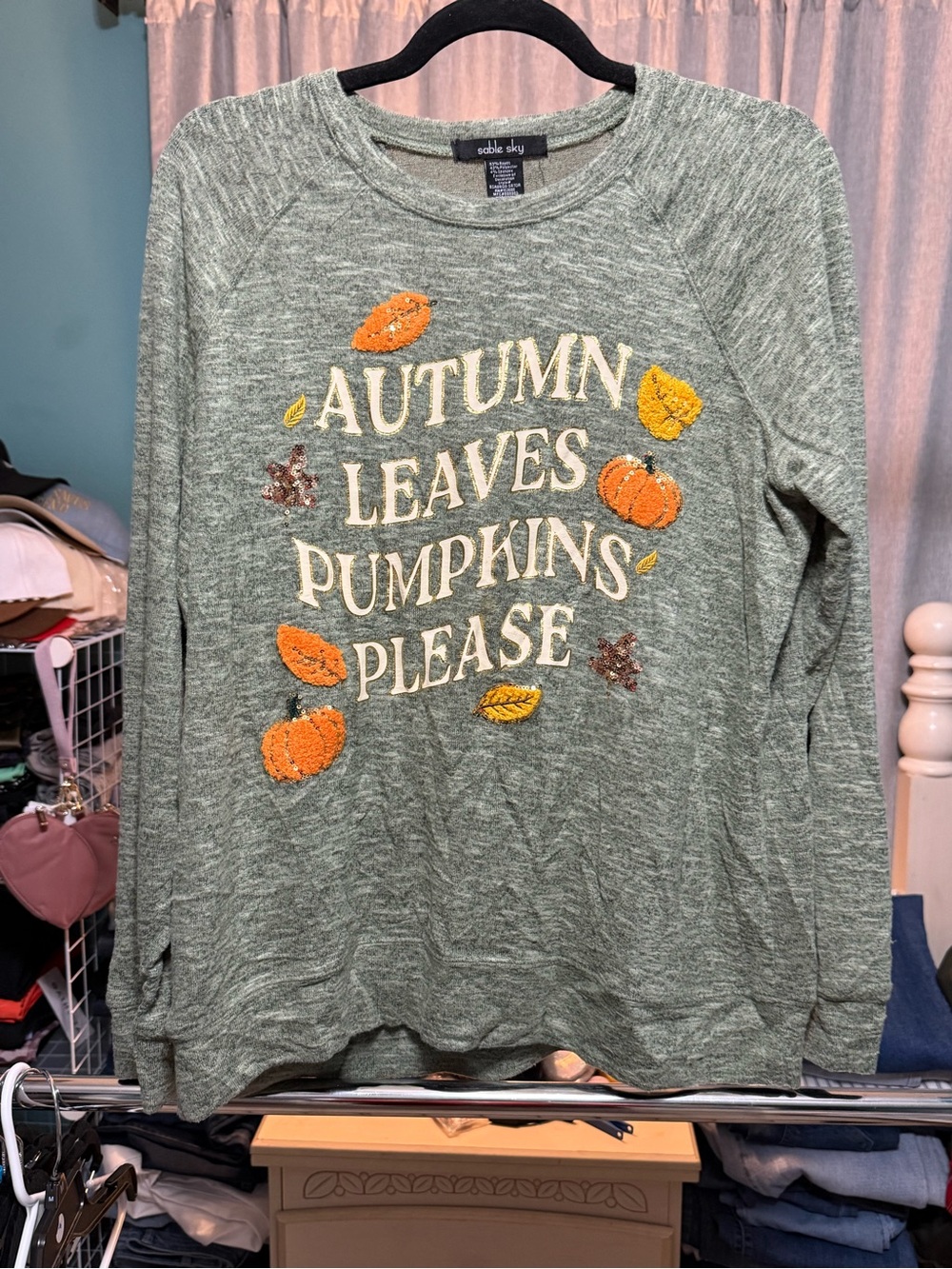 Sable Sky Autumn Leaves Pumpkins Please Sequin Fall Top XL